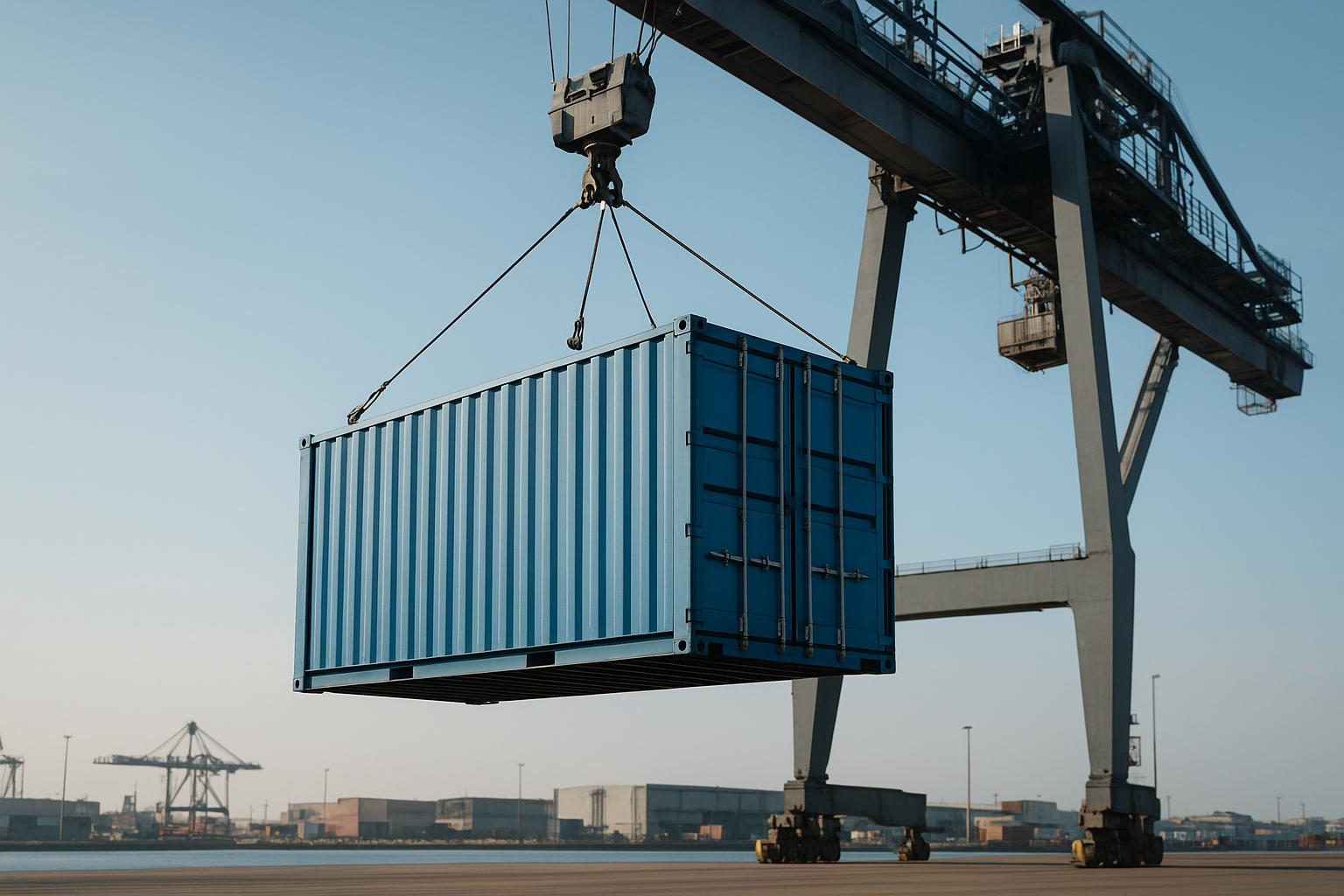 A blue shipping container being lifted by a port crane