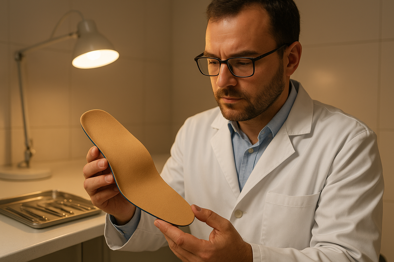 Podiatrist inspecting a finished affordable custom orthotic in a fabrication workspace