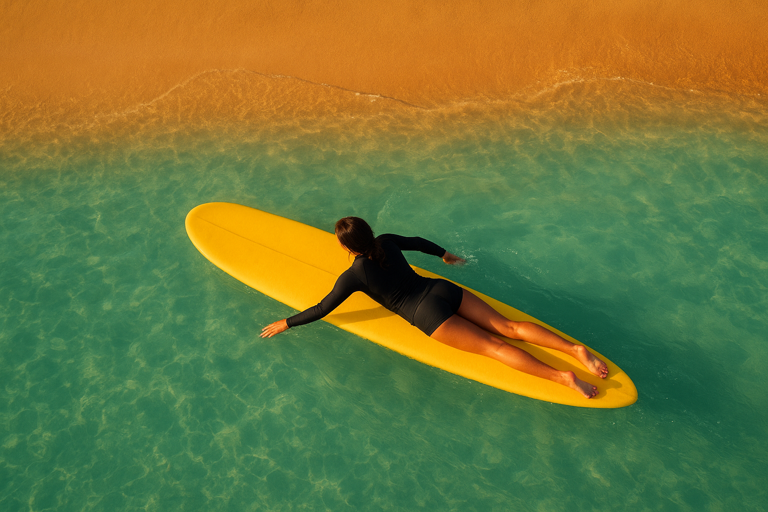beginner surfer practicing paddling technique on a foam longboard in shallow ocean water