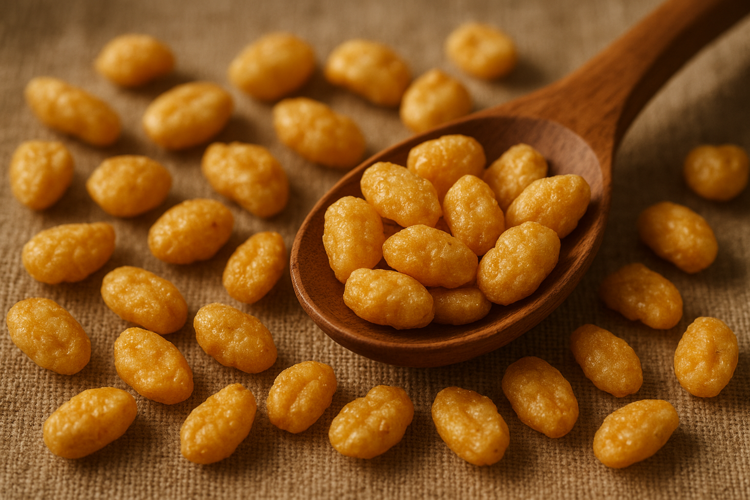 Close-up of golden puffed cereal pieces showing natural whole grain texture