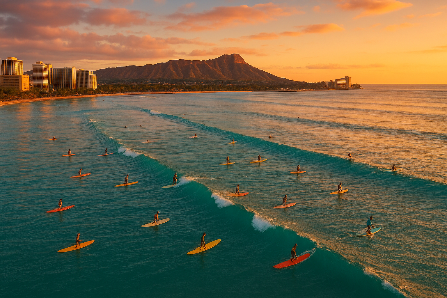 Aerial view of Waikiki Beach with surfers riding waves near a surf school, Diamond Head in background