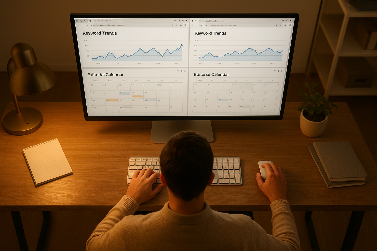 Content strategist analyzing keyword trend data and seasonal search patterns to plan an SEO editorial calendar
