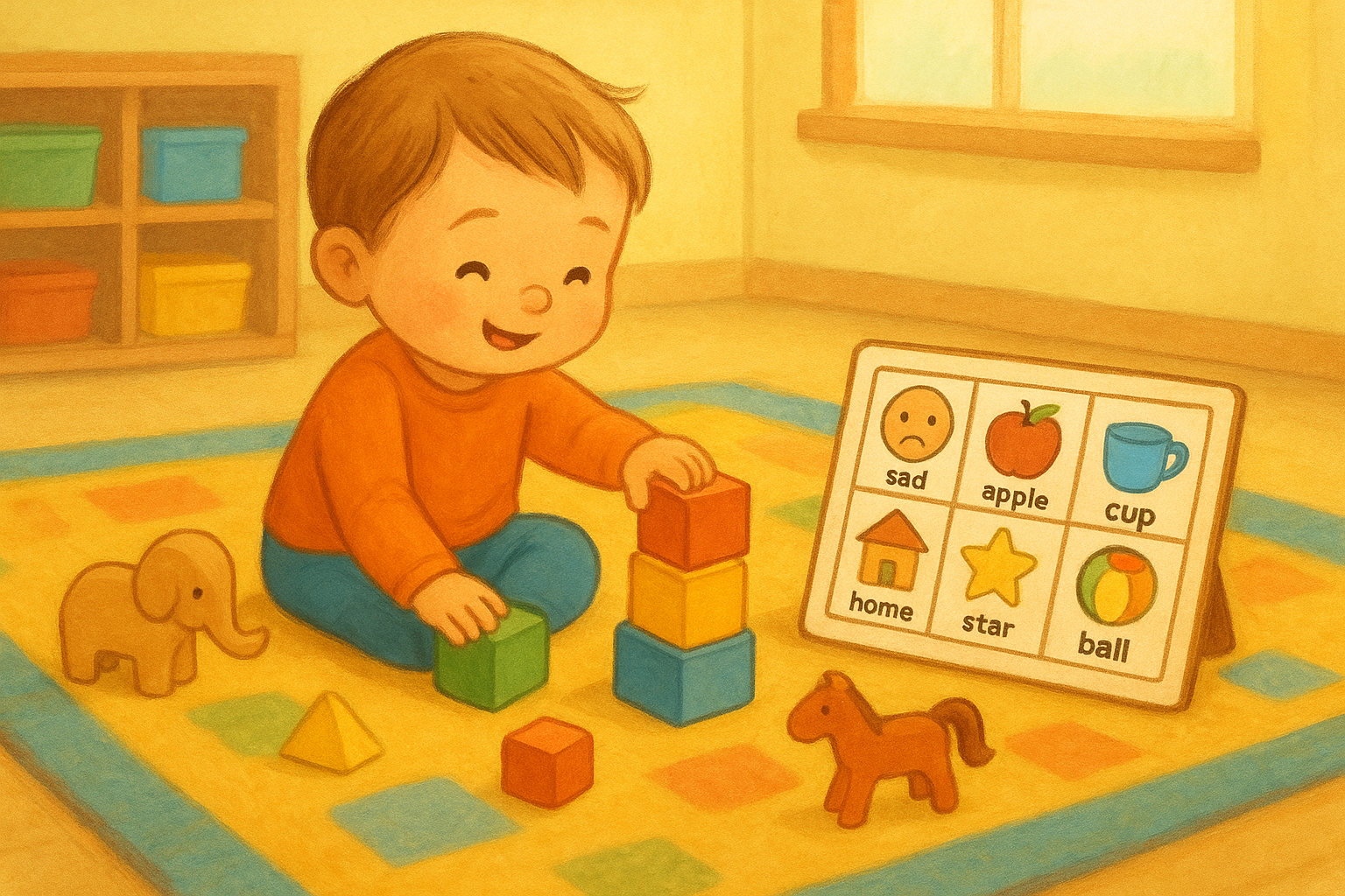 Child using a picture-based AAC board during play-based language activity