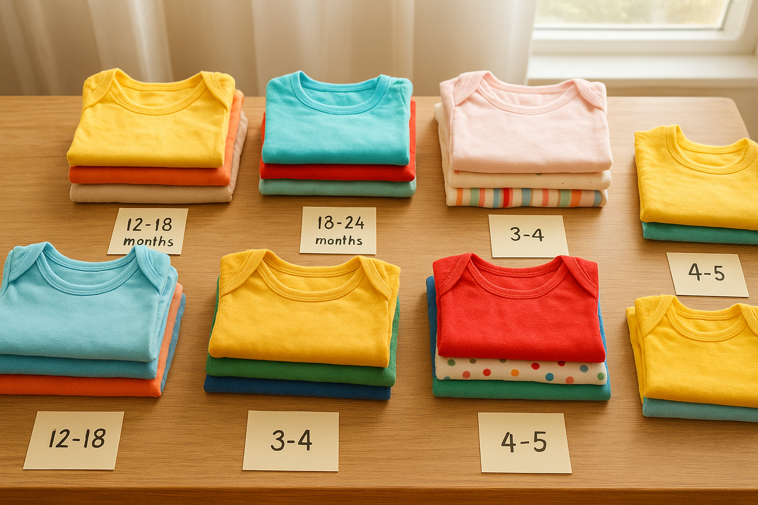 Neatly sorted children's clothing laid out on tables ready for a fashion swap for kids clothes event
