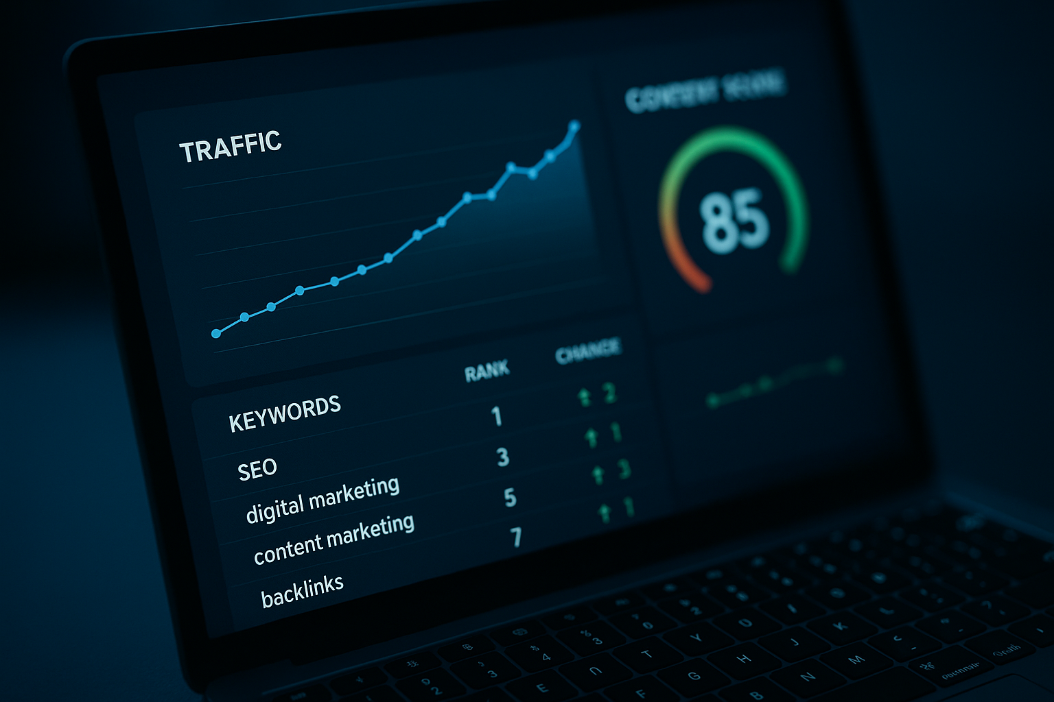 Laptop screen showing SEO analytics dashboard with rising keyword rankings and content scores