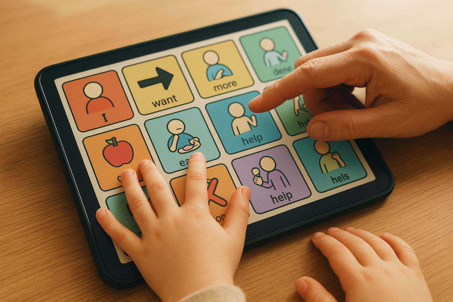Child reaching toward an AAC device during a core vocabulary modeling activity with an adult guiding symbol selection