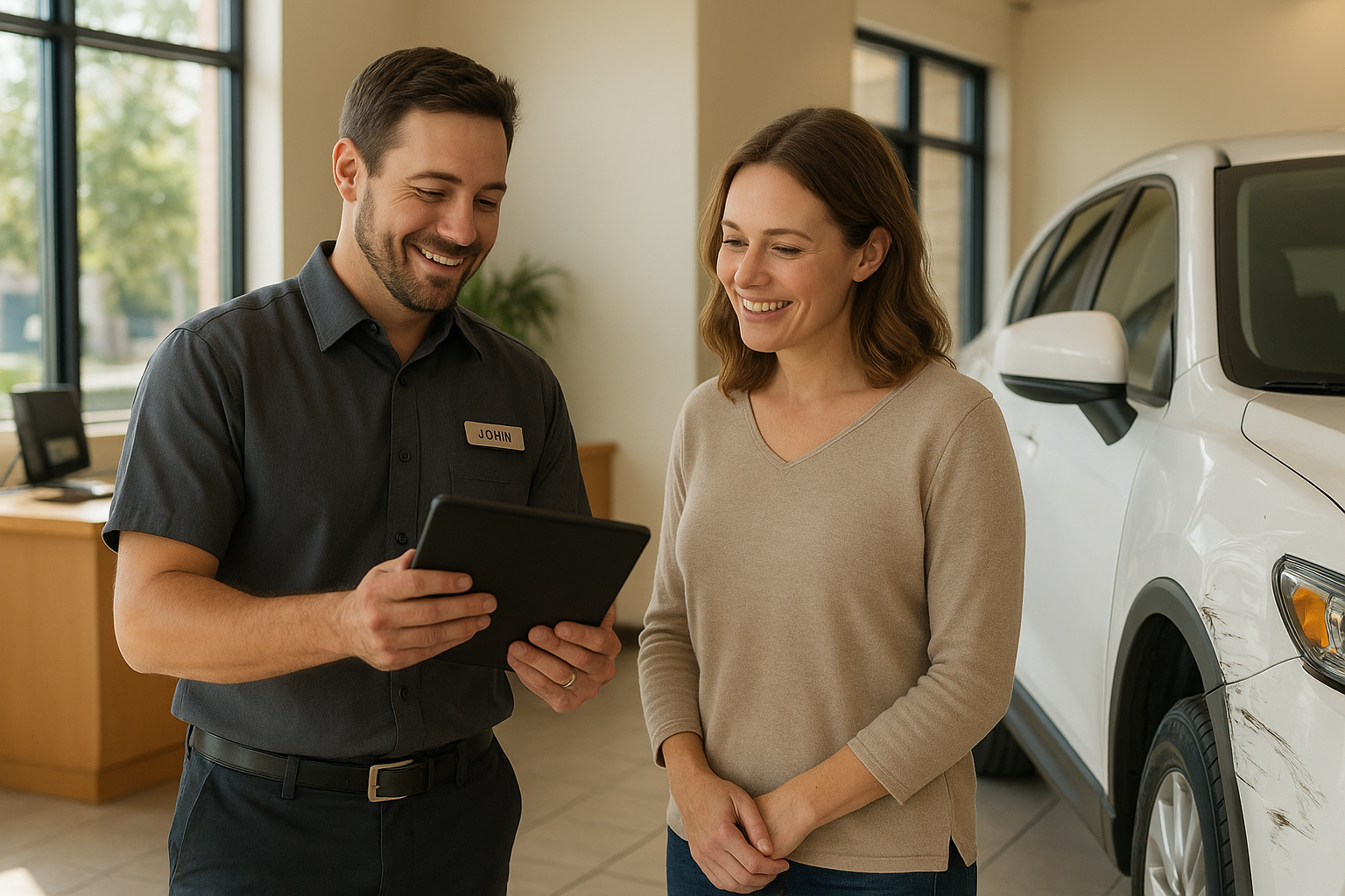 Auto body shop advisor reviewing vehicle repair estimate with a customer beside a damaged white SUV