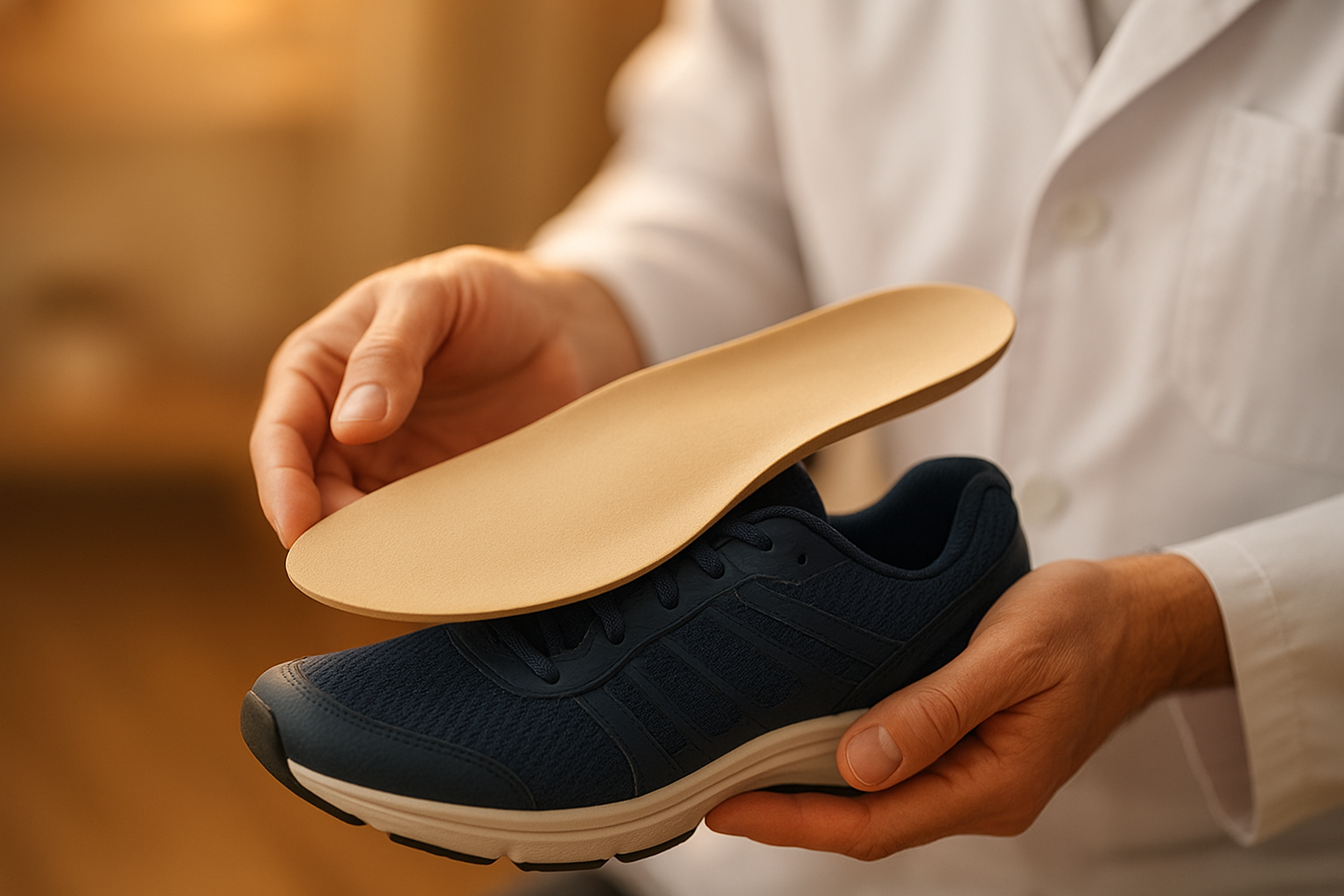 Podiatrist fitting a custom sports orthotic insole into an athletic shoe during a consultation