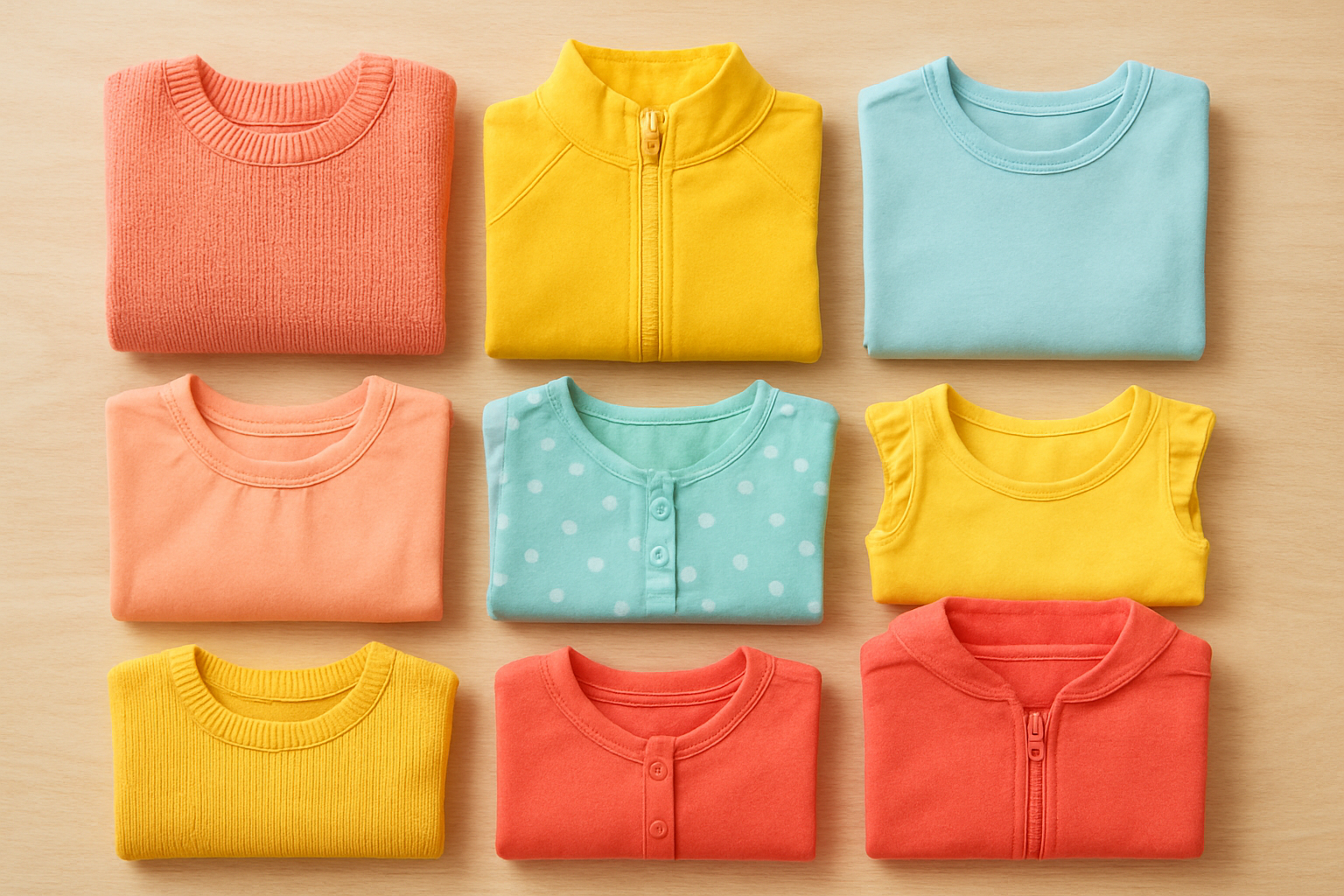 Curated seasonal kids clothing rental items arranged on a wooden surface