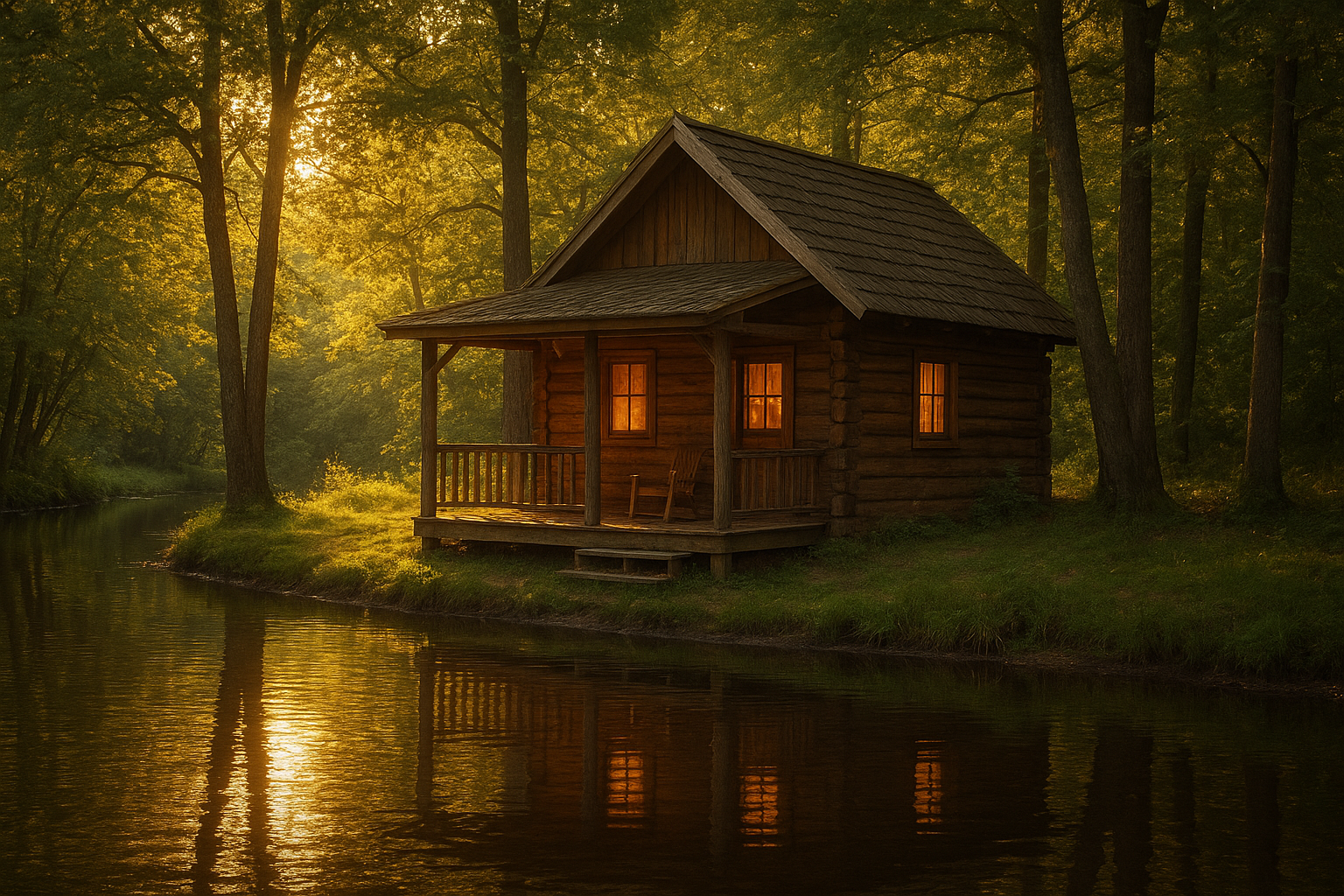 Wooden riverside cabin with a porch overlooking the Buffalo River