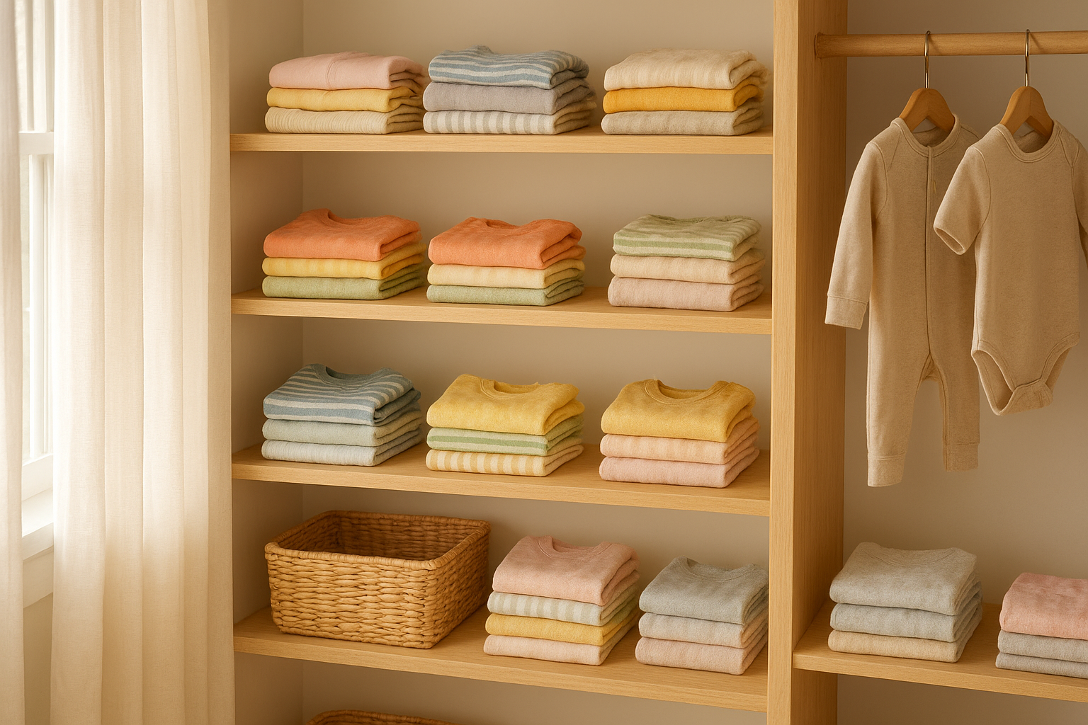Rotating wardrobe of fashion-forward children's apparel organized on shelves