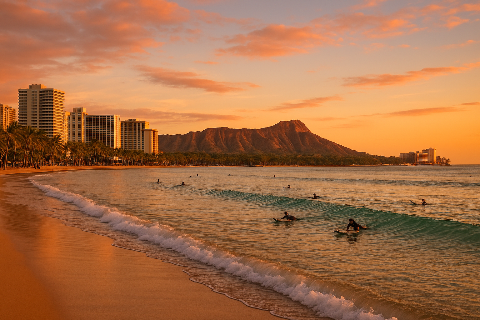 Surfers enjoying surfing vacations Waikiki at golden hour with Diamond Head in the background