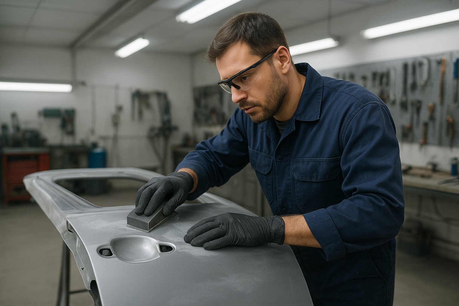 Auto body technician sanding a car panel at an orange county body shop