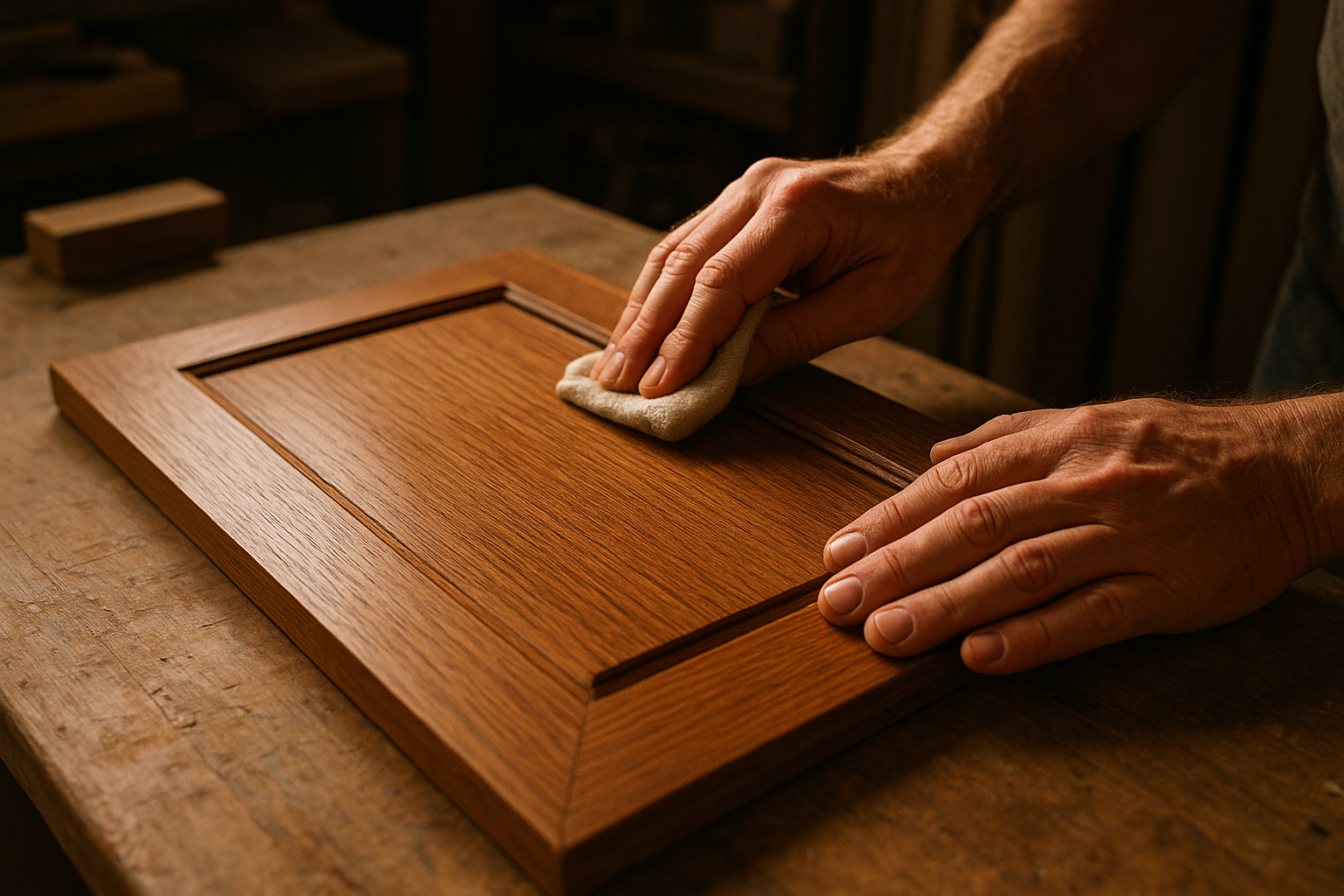 Skilled contractor applying veneer finish during a professional cabinet refacing project