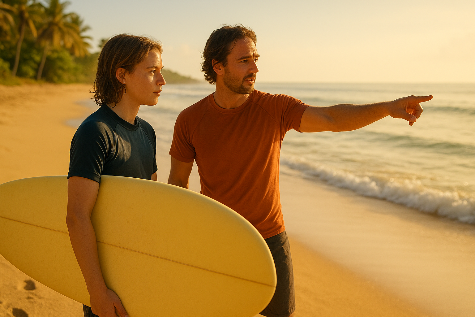 Beginner surfer receiving surfing safety tips from an instructor on a sunny beach