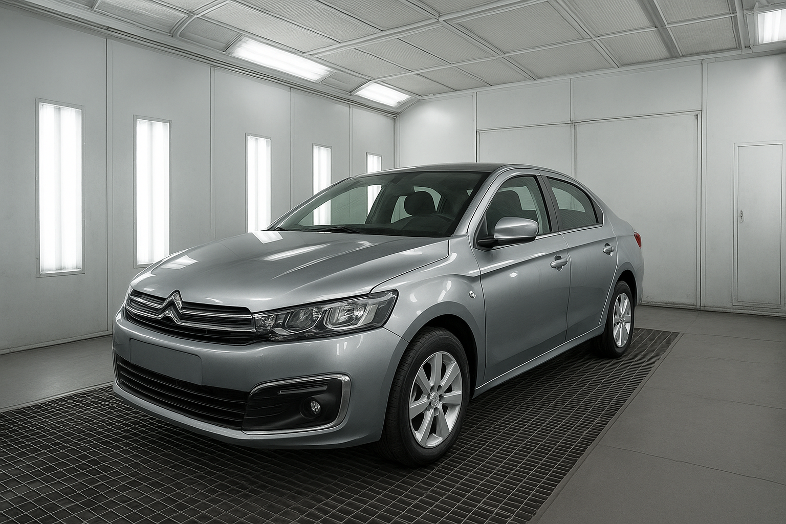 Freshly repaired sedan inside a professional auto body paint spray booth
