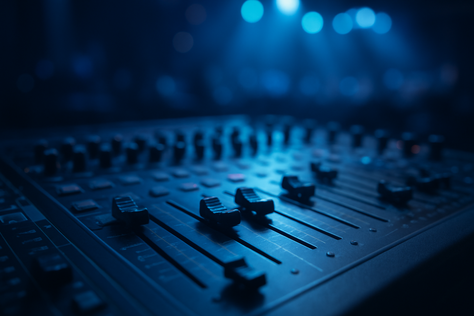Audio mixing console used in corporate event audio visual production with stage lighting in background