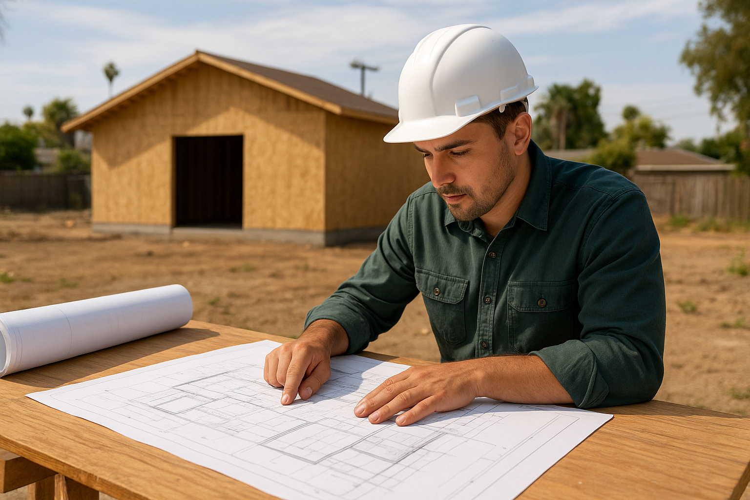 Contractor reviewing detached ADU building plans on a Southern California construction site