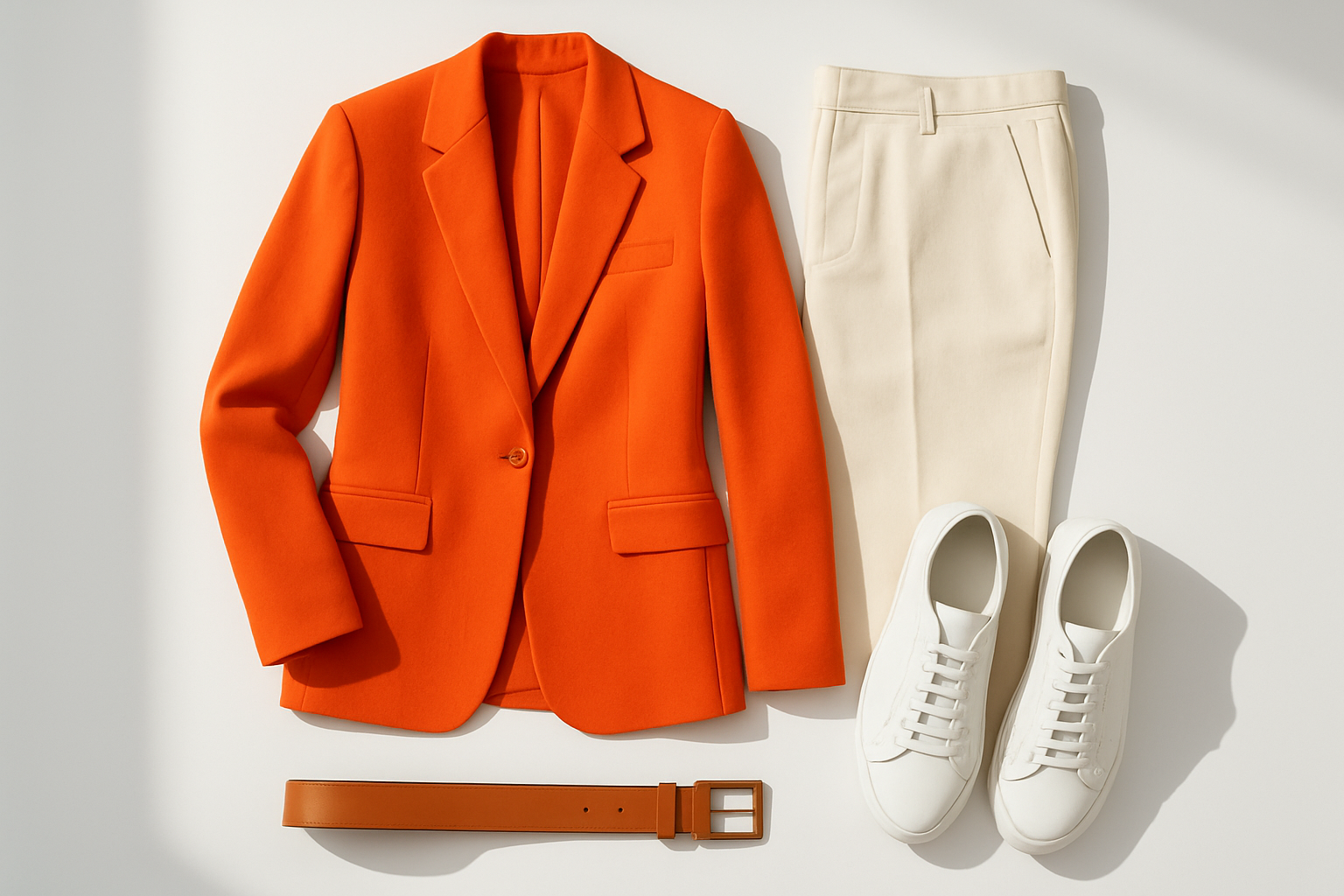 Fashion flat lay featuring orange heat blazer and neutral accessories for a bold everyday look