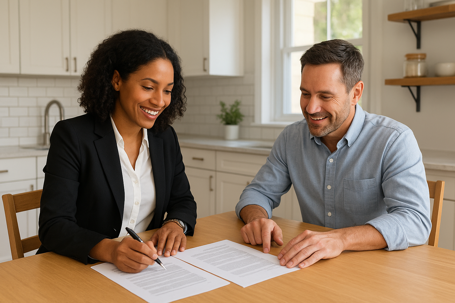 Realtor reviewing home selling paperwork with a homeowner after an estate sale
