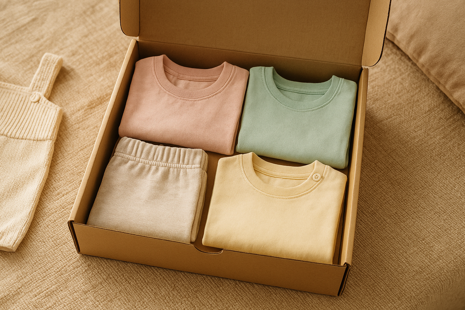 Flexible kids wardrobe subscription box with folded children's clothes ready for delivery