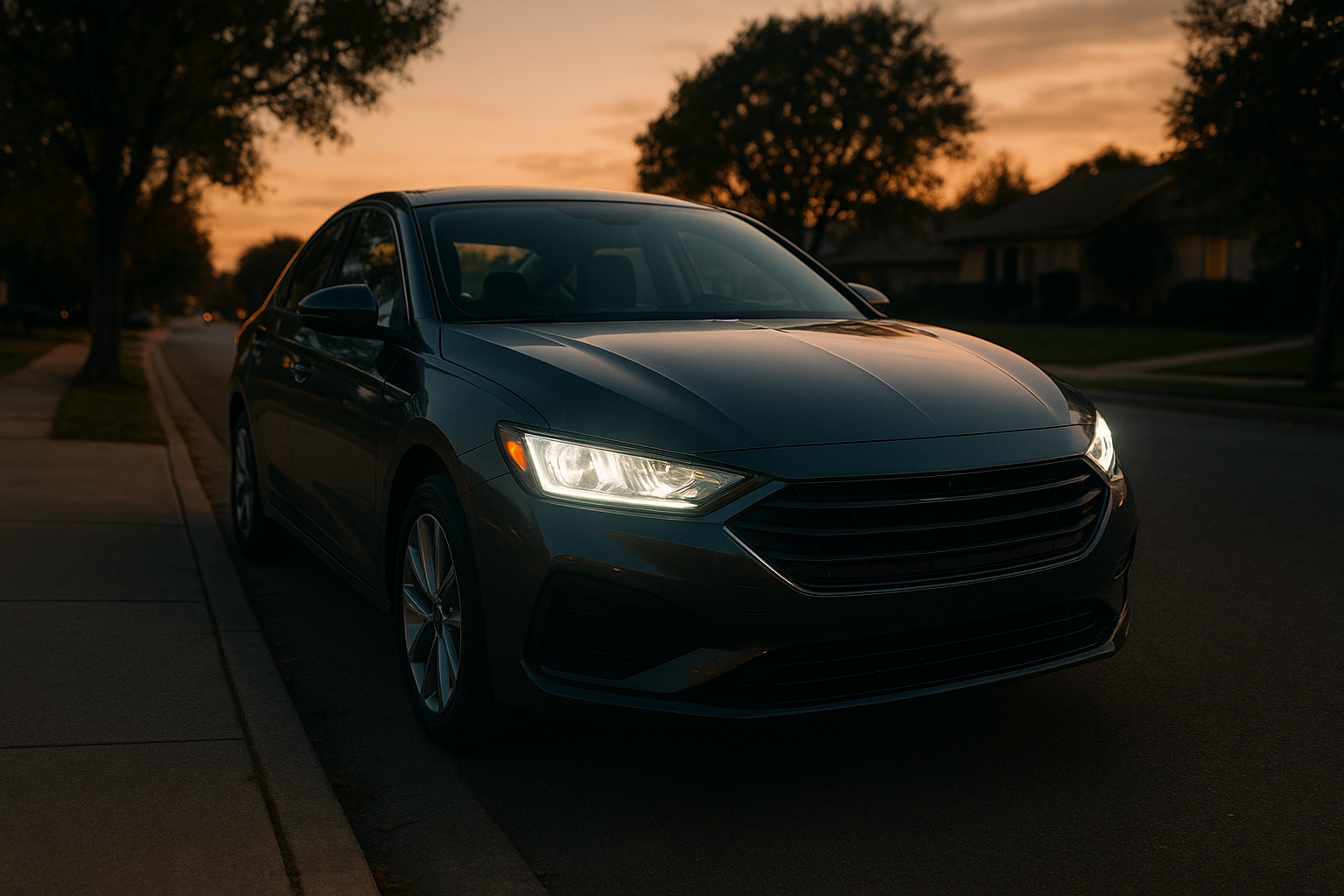 Headlight restoration results with clear lenses at dusk
