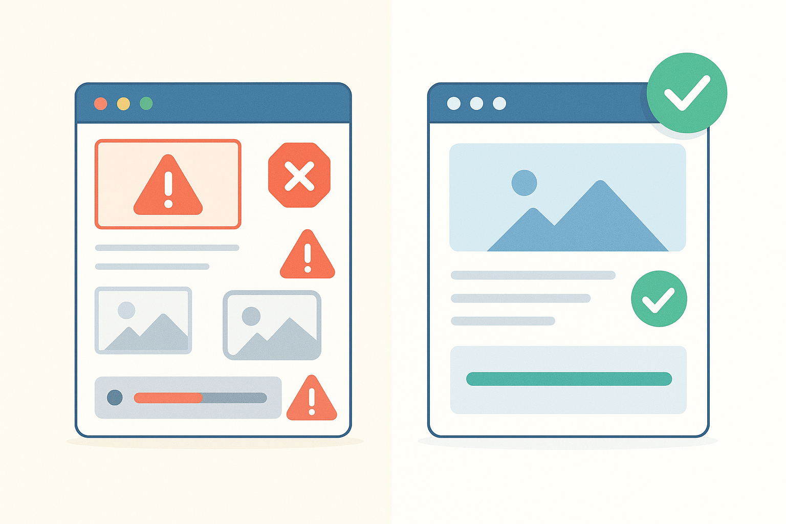 Before and after comparison showing a broken website fixed after a thorough audit process