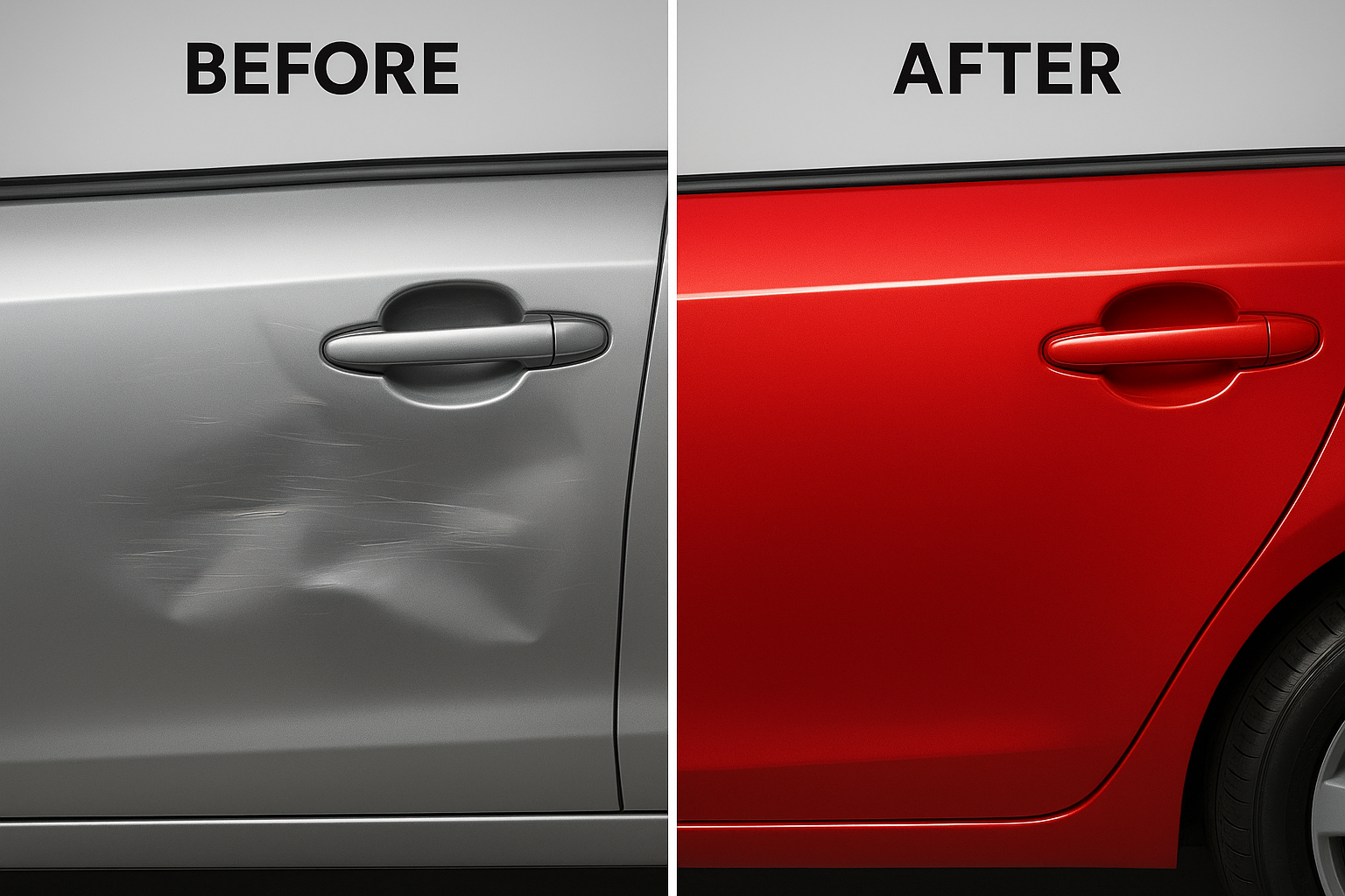 Before and after auto body paint repair showing restored vehicle panel finish