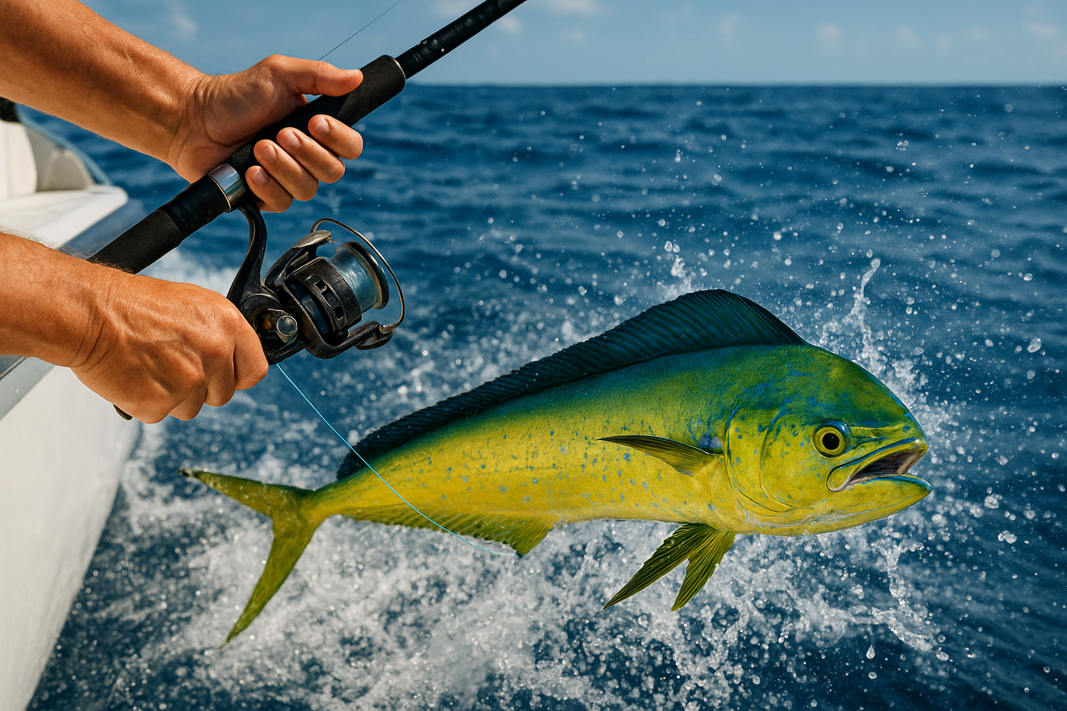 Angler reeling in a mahi-mahi during a deep sea fishing charter near North Myrtle Beach