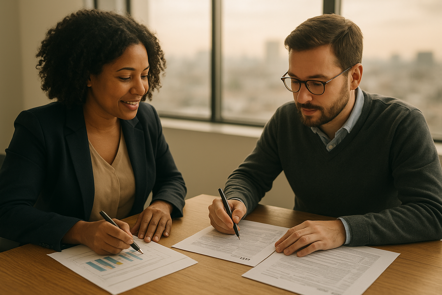 Business owner and accountant discussing Minneapolis tax advisory services at a desk