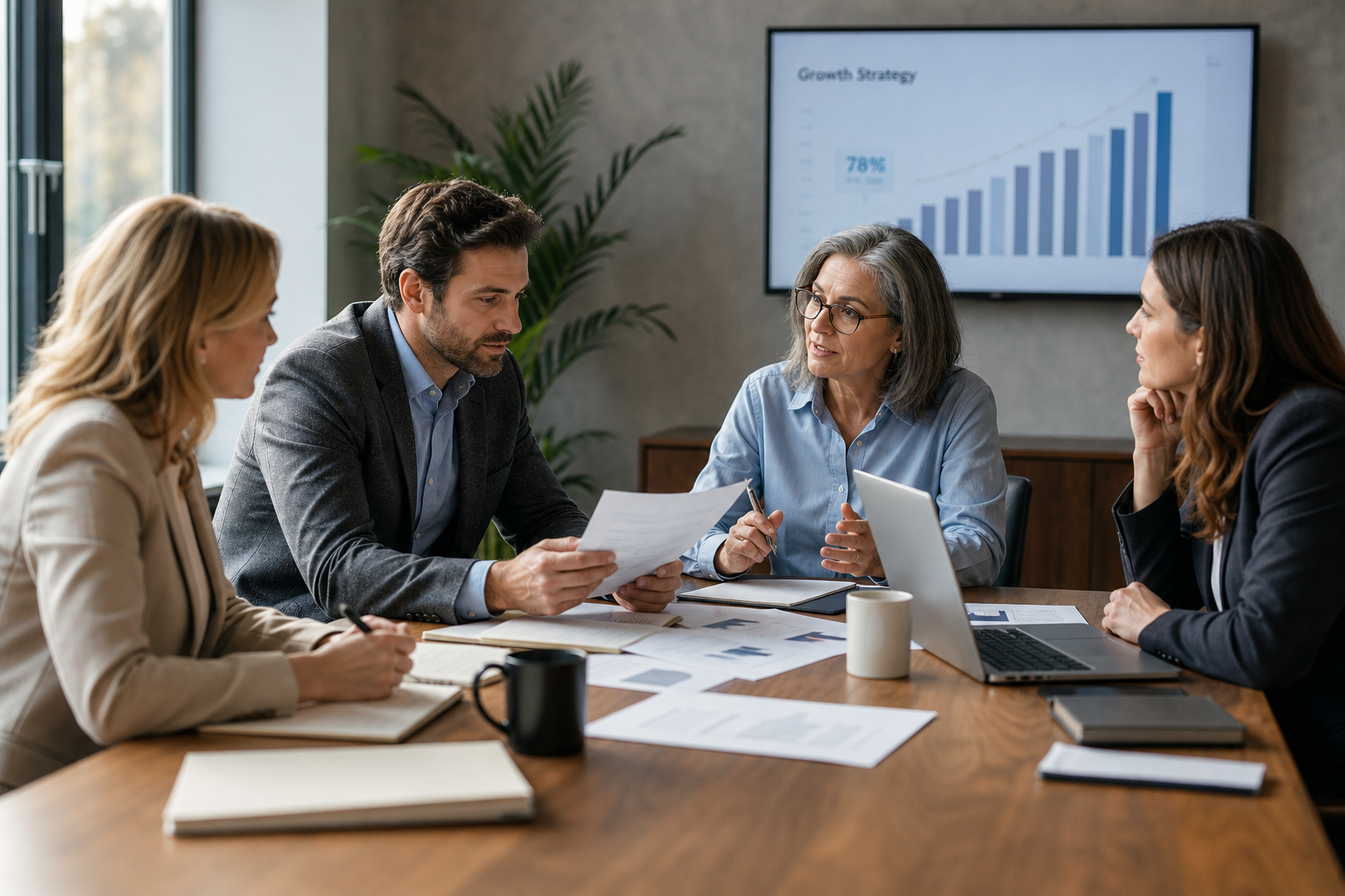 Business leaders discussing HR consulting for growth strategies in a meeting room