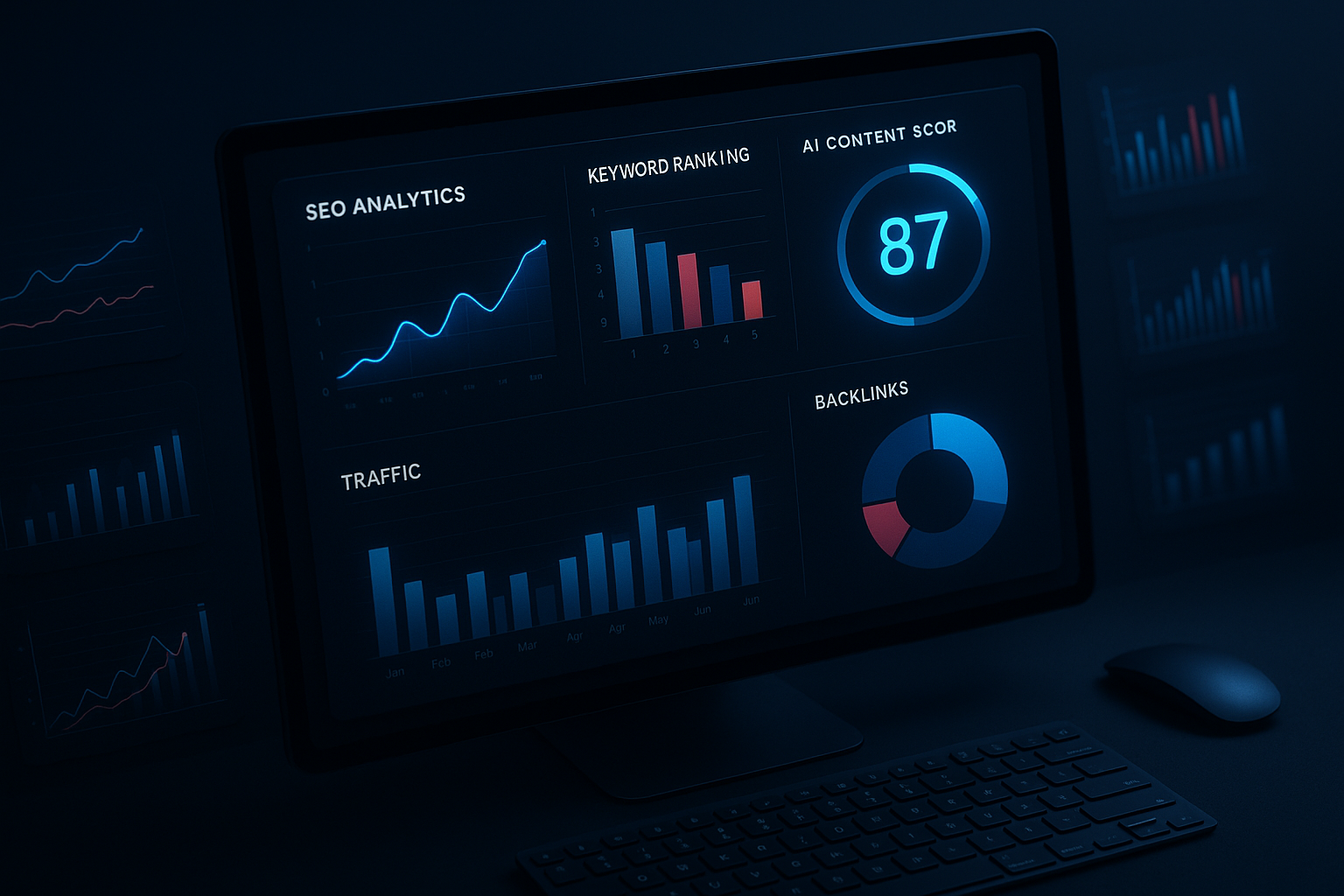 AI optimization tools dashboard showing real-time SEO analytics and keyword rankings