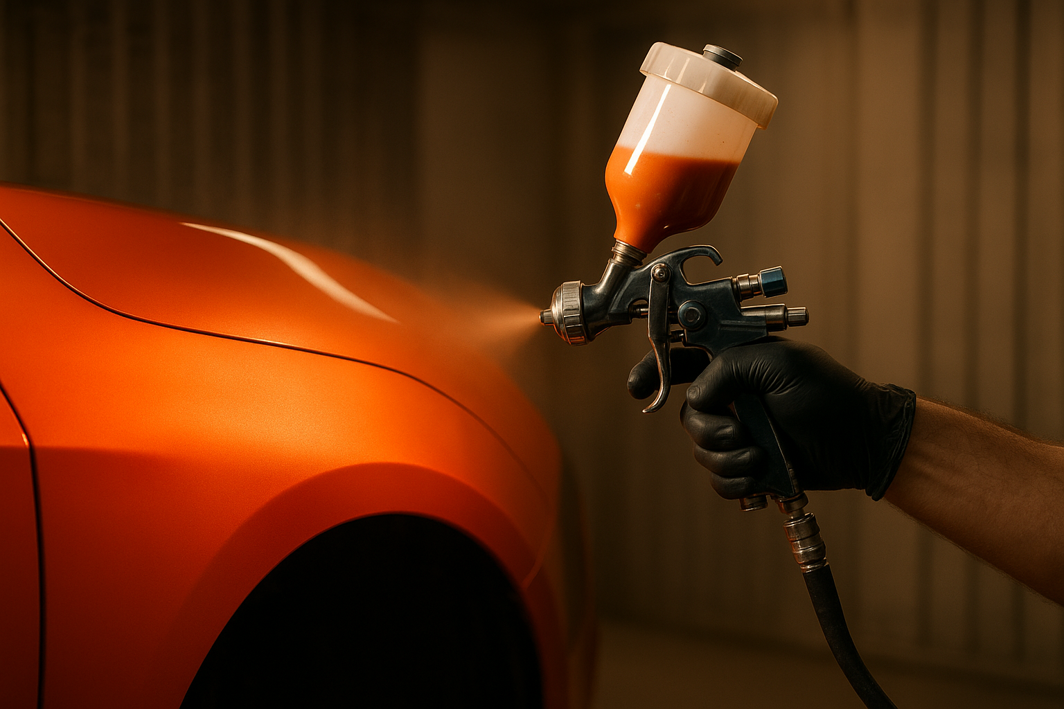 Spray gun applying color-matched paint during a professional auto body repair