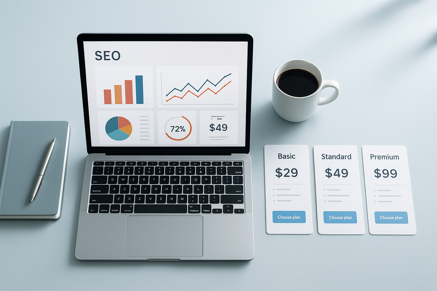 Comparison of cheaper SEMrush alternatives shown on a laptop with pricing cards on a desk