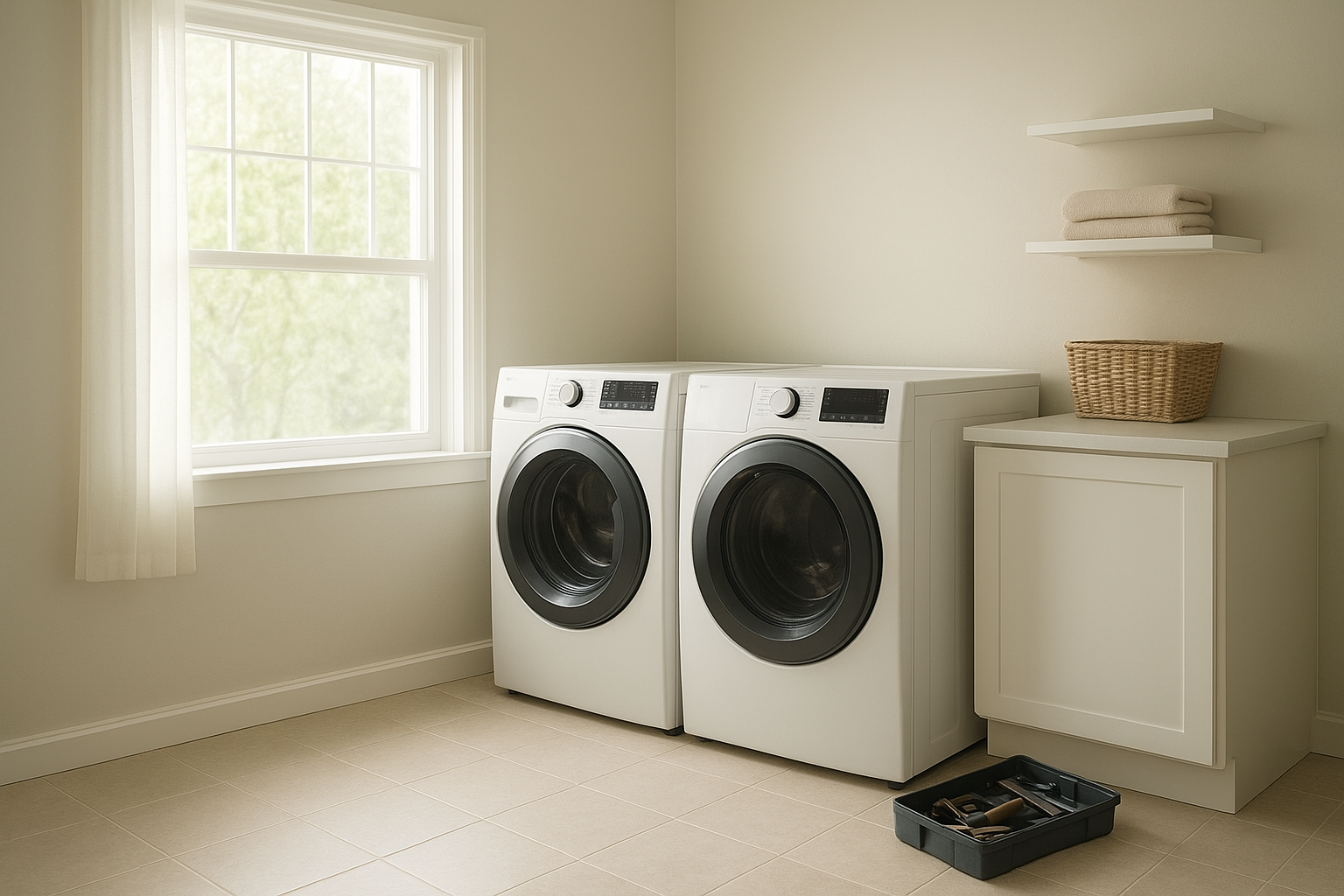 tidy laundry room with washer and dryer ready for appliance service