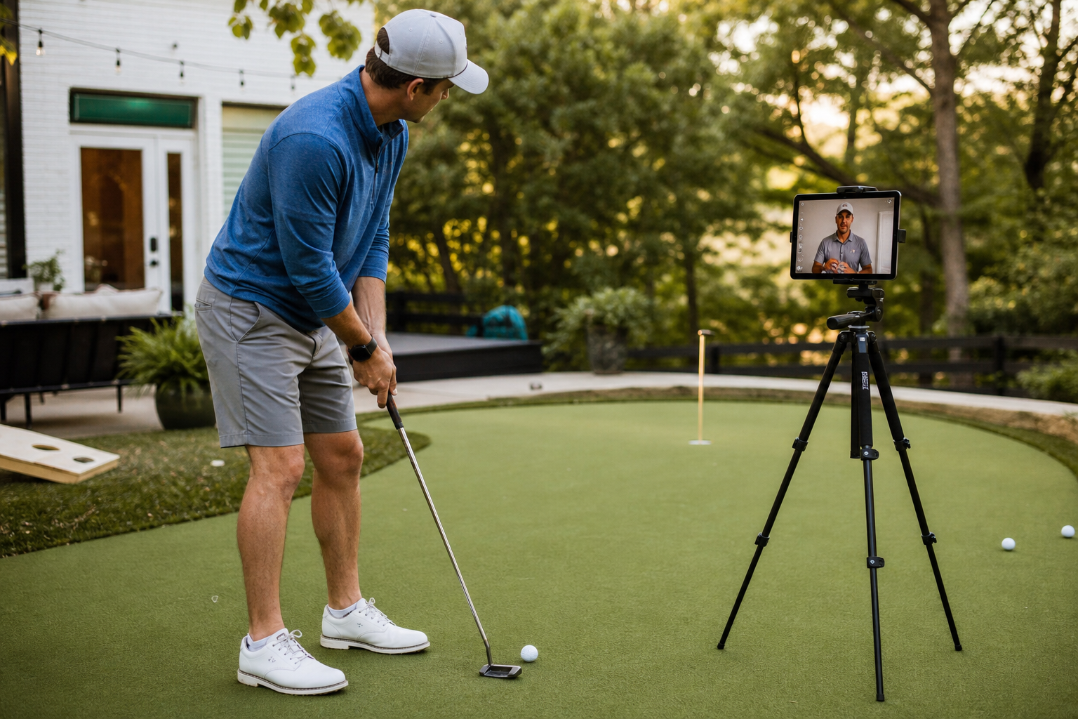 Golfer practicing swing fundamentals during a virtual golf lesson with an online coach