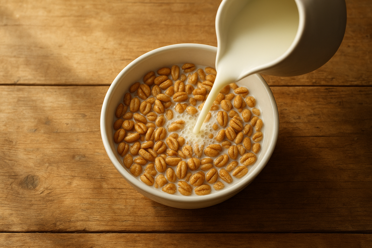 Bowl of puffed cereal from a minimally processed grain brand with milk pouring over it
