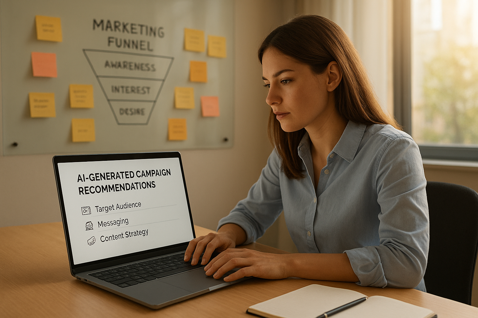 Marketing professional reviewing AI-powered campaign recommendations on a laptop