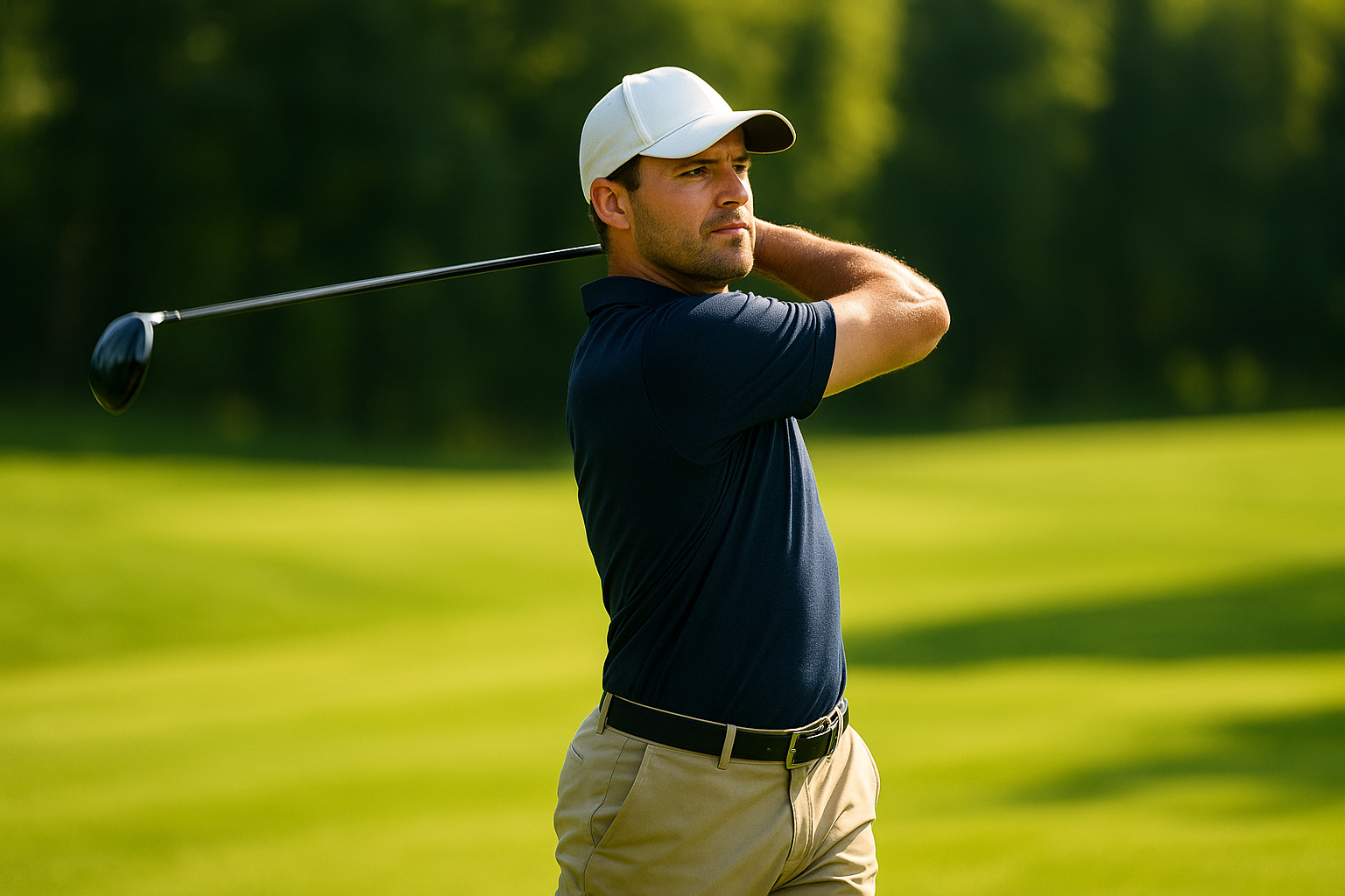Golfer completing a balanced follow-through after biomechanical golf swing coaching adjustments
