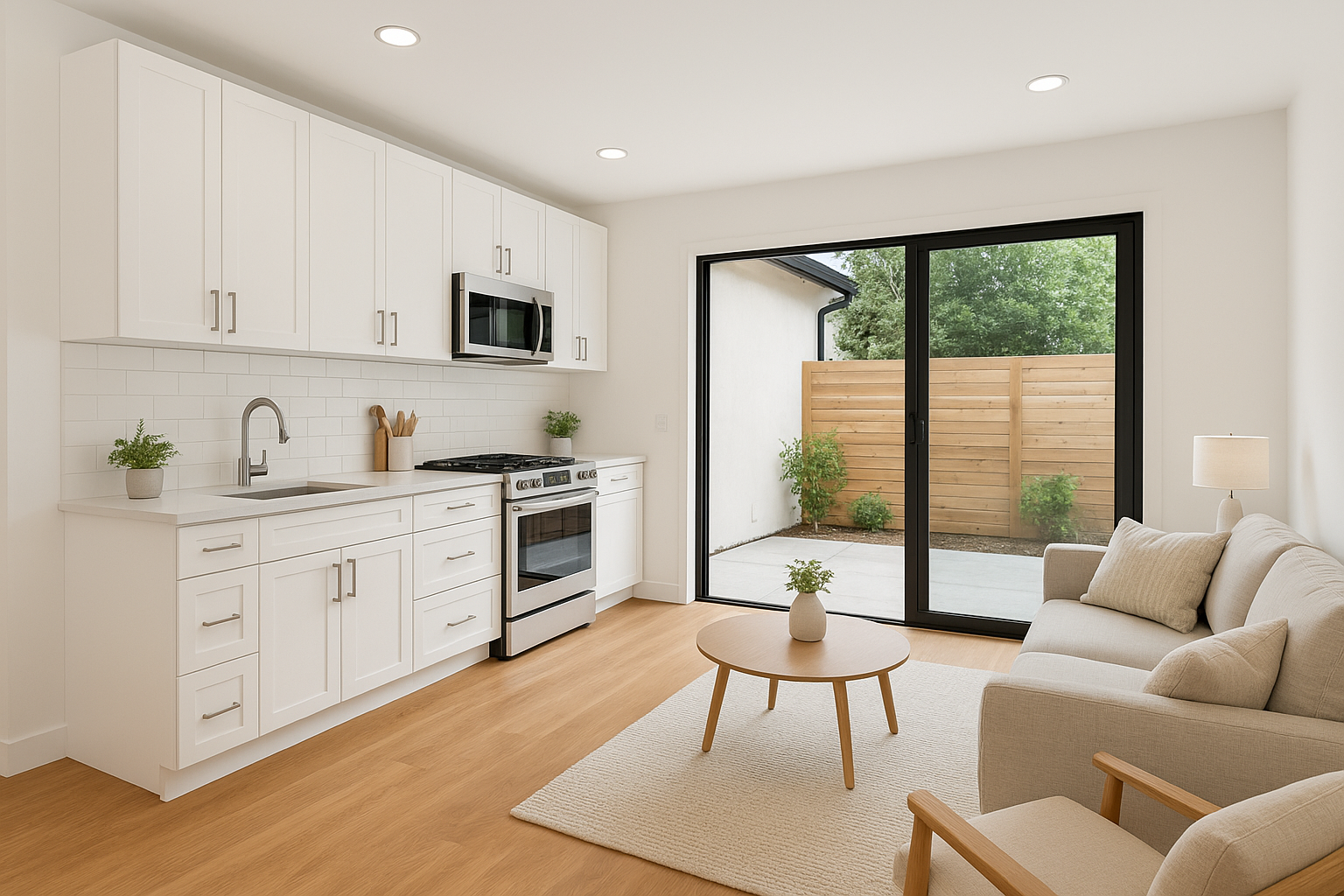 Bright modern interior of a finished Jurupa Valley ADU with open kitchen and sliding glass patio door