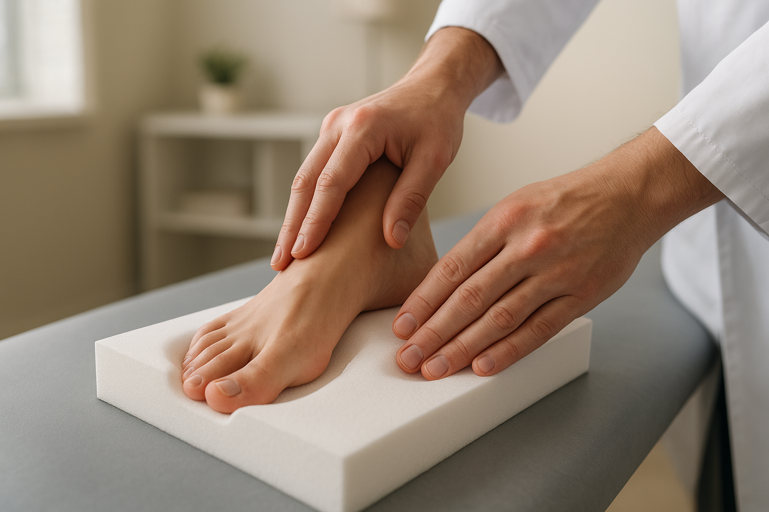Podiatrist creating custom foot molds using a foam impression box