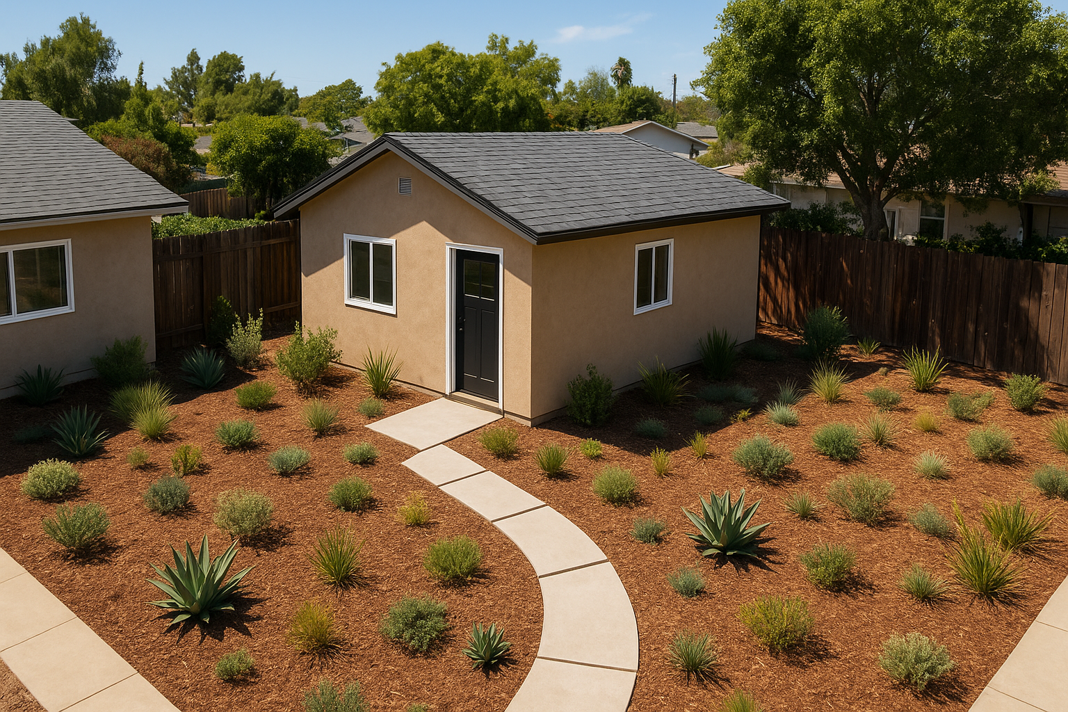 Detached ADU with functional design in a Southern California backyard, aerial perspective showing landscaping and pathway