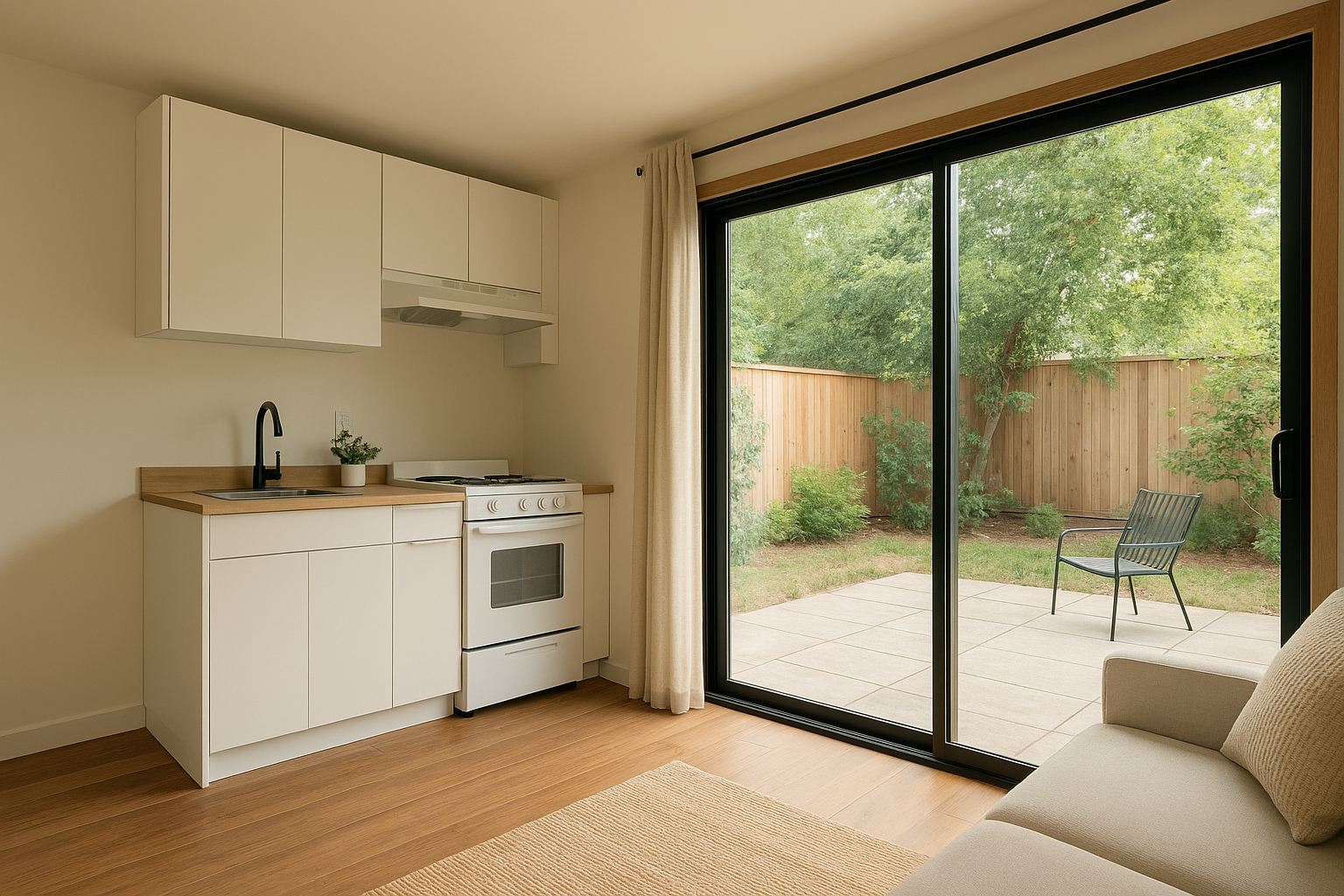 Bright interior of a compact prefabricated guest house with kitchen and patio access