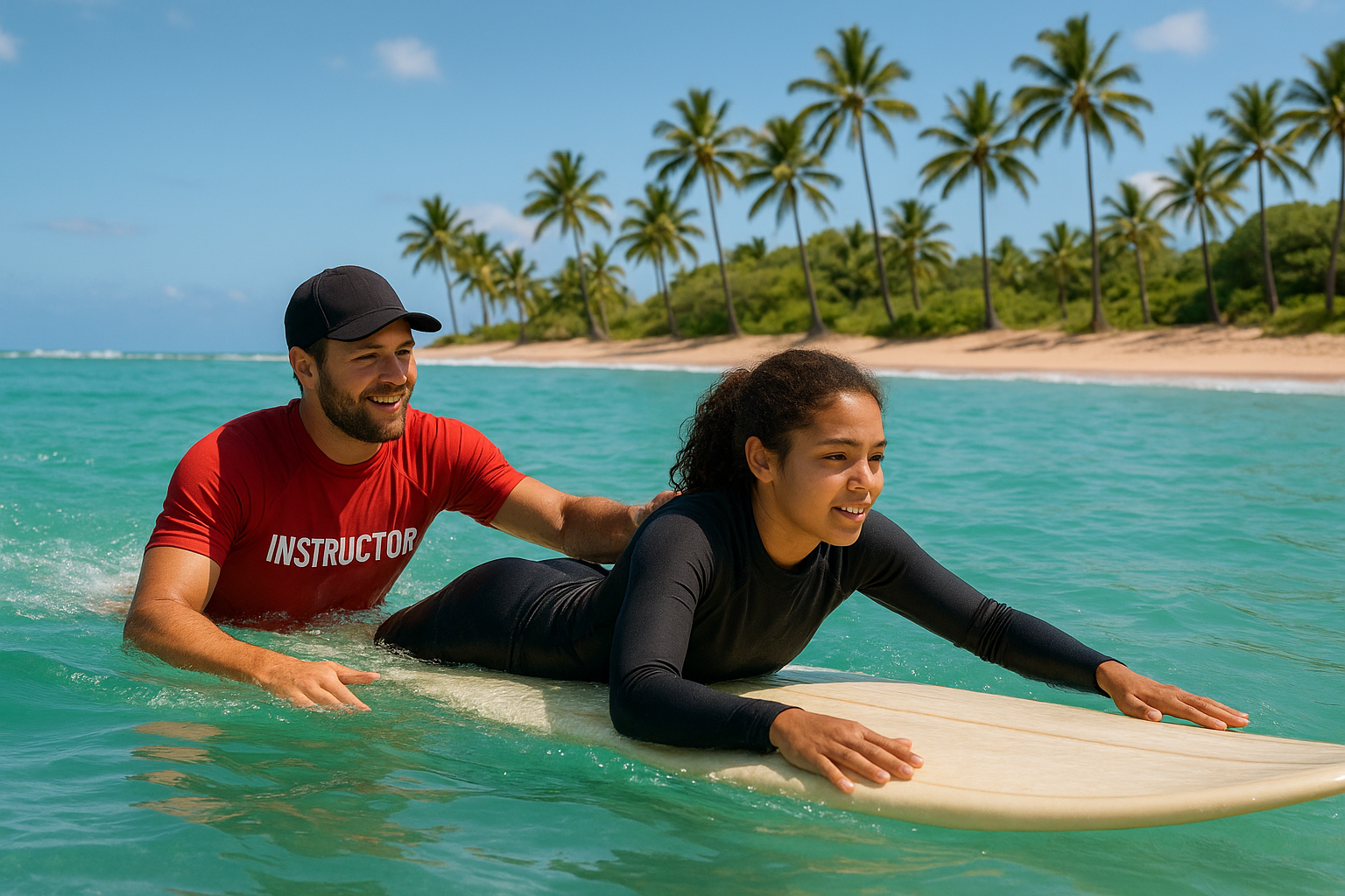 Instructor helping a beginner practice on a rented longboard in calm Waikiki waves