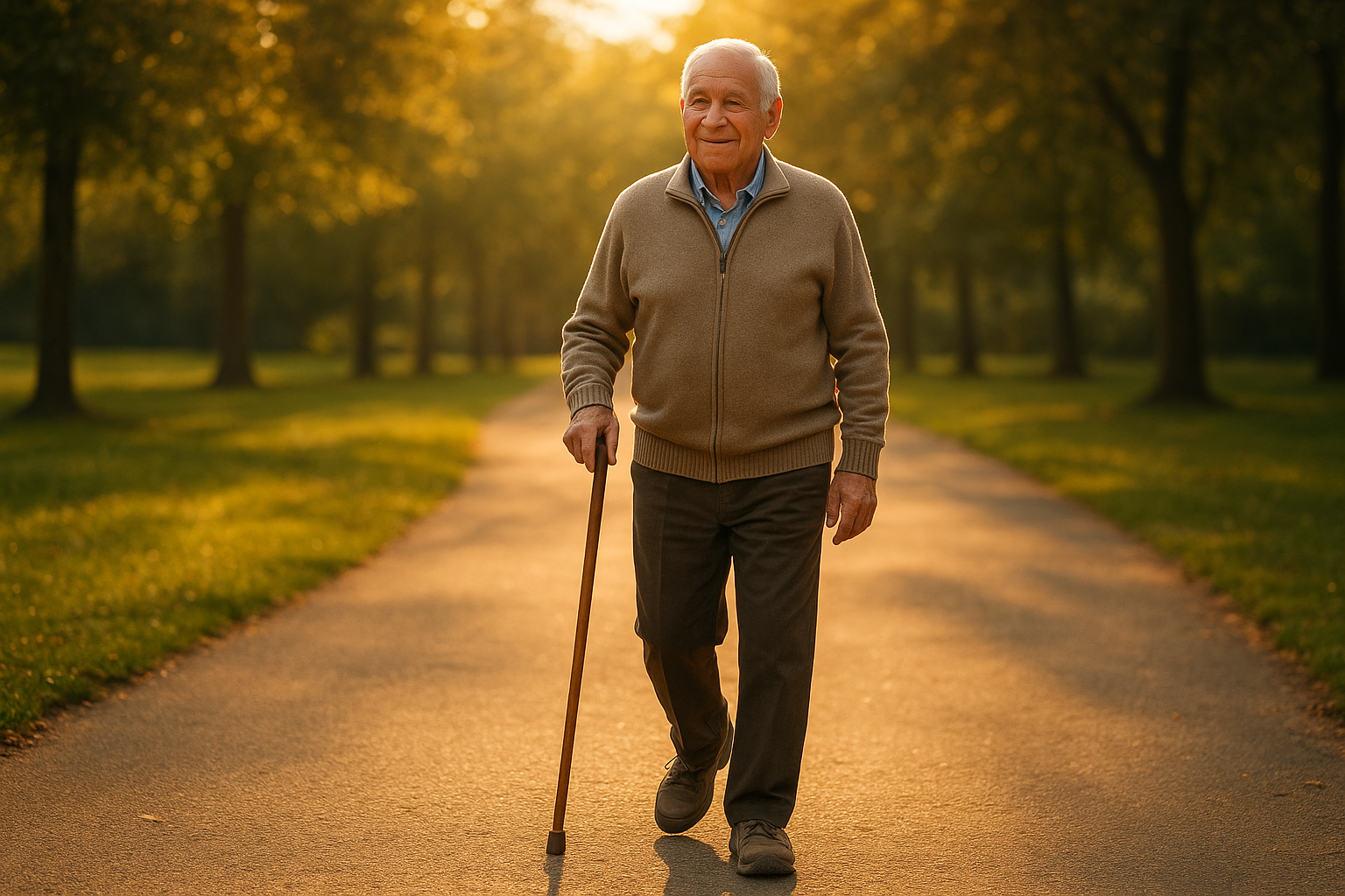 Older adult using a cane as one of several walking aids for foot comfort on a park path