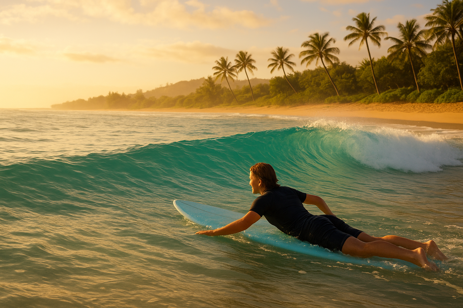 Beginner surfer practicing on gentle waves during a surf camp lesson in Oahu