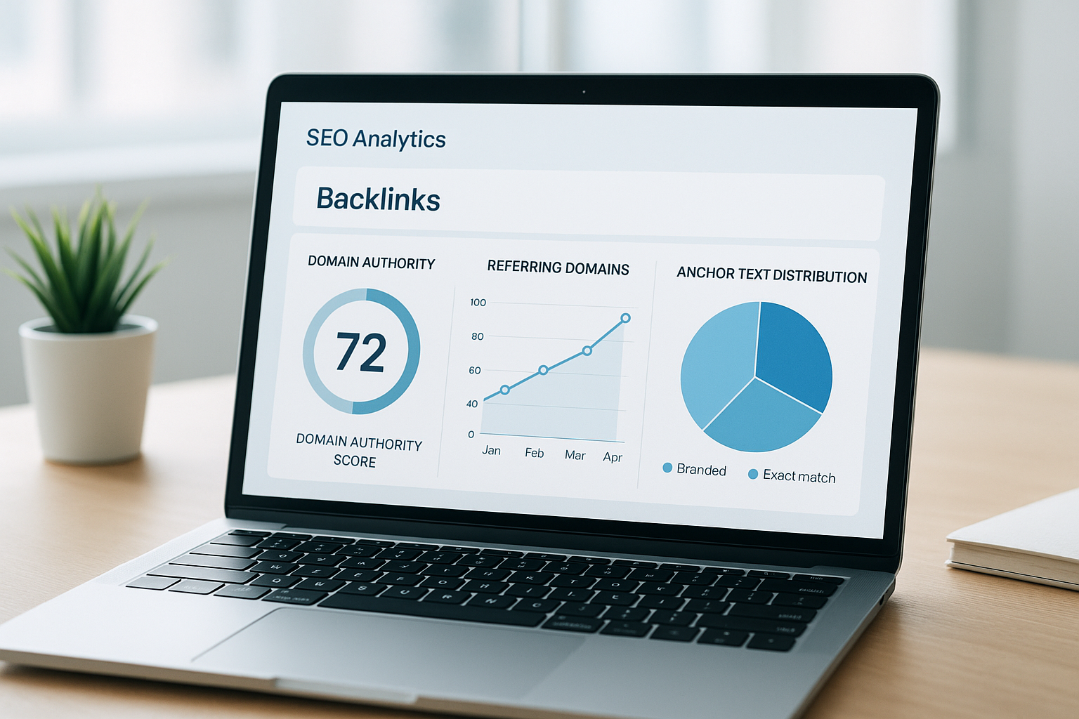 SEO dashboard showing how to check backlink profile metrics including domain authority and referring domains