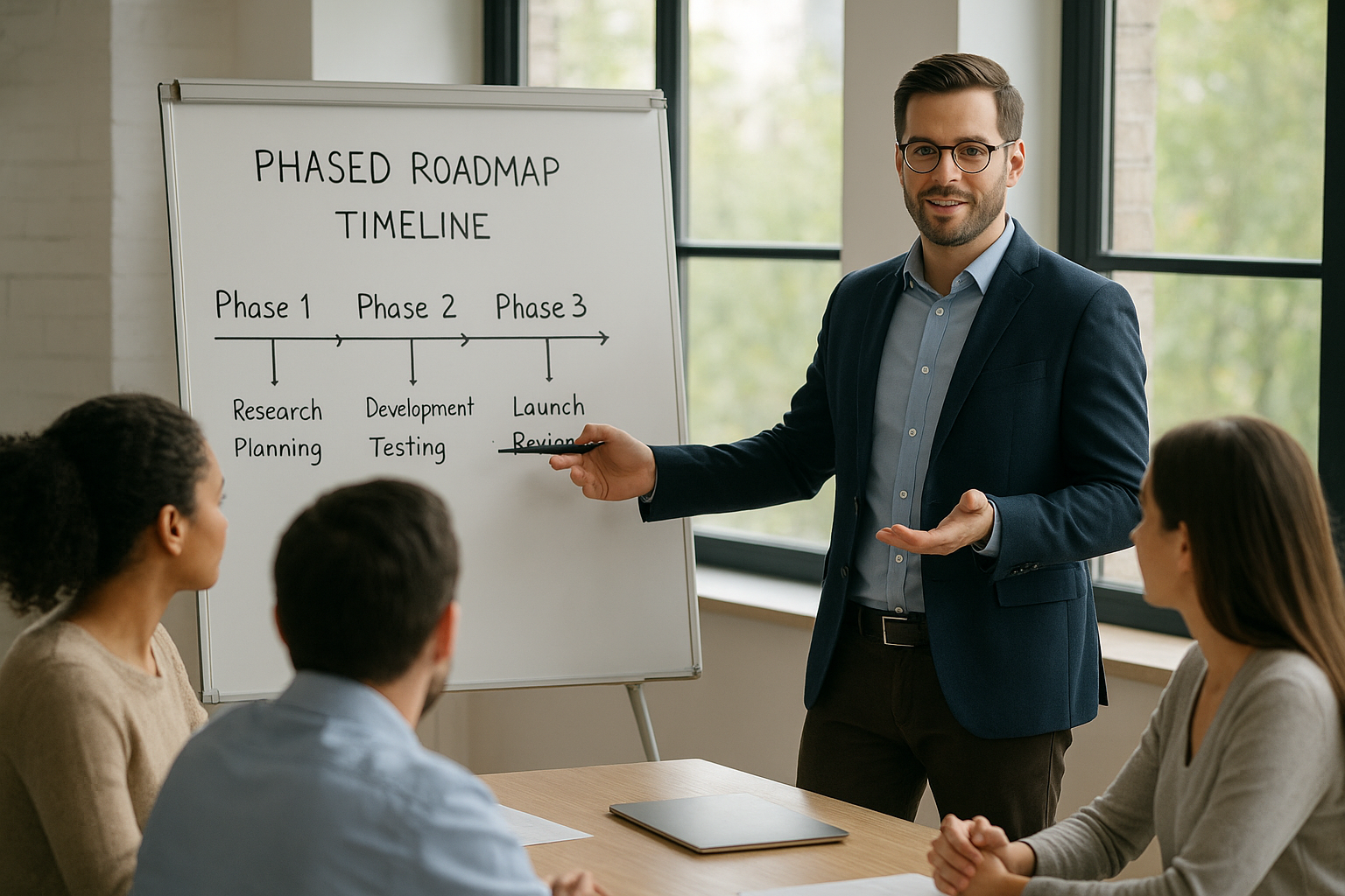 Manager presenting a phased rollout roadmap for an organizational development plan