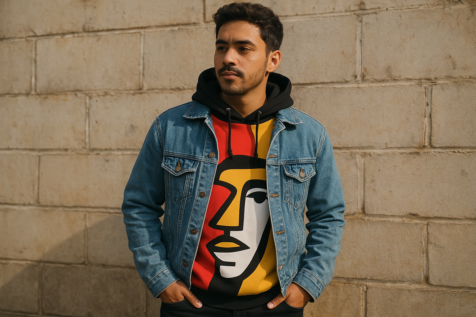 Person layering a bold graphic hoodie with a denim jacket for a casual look