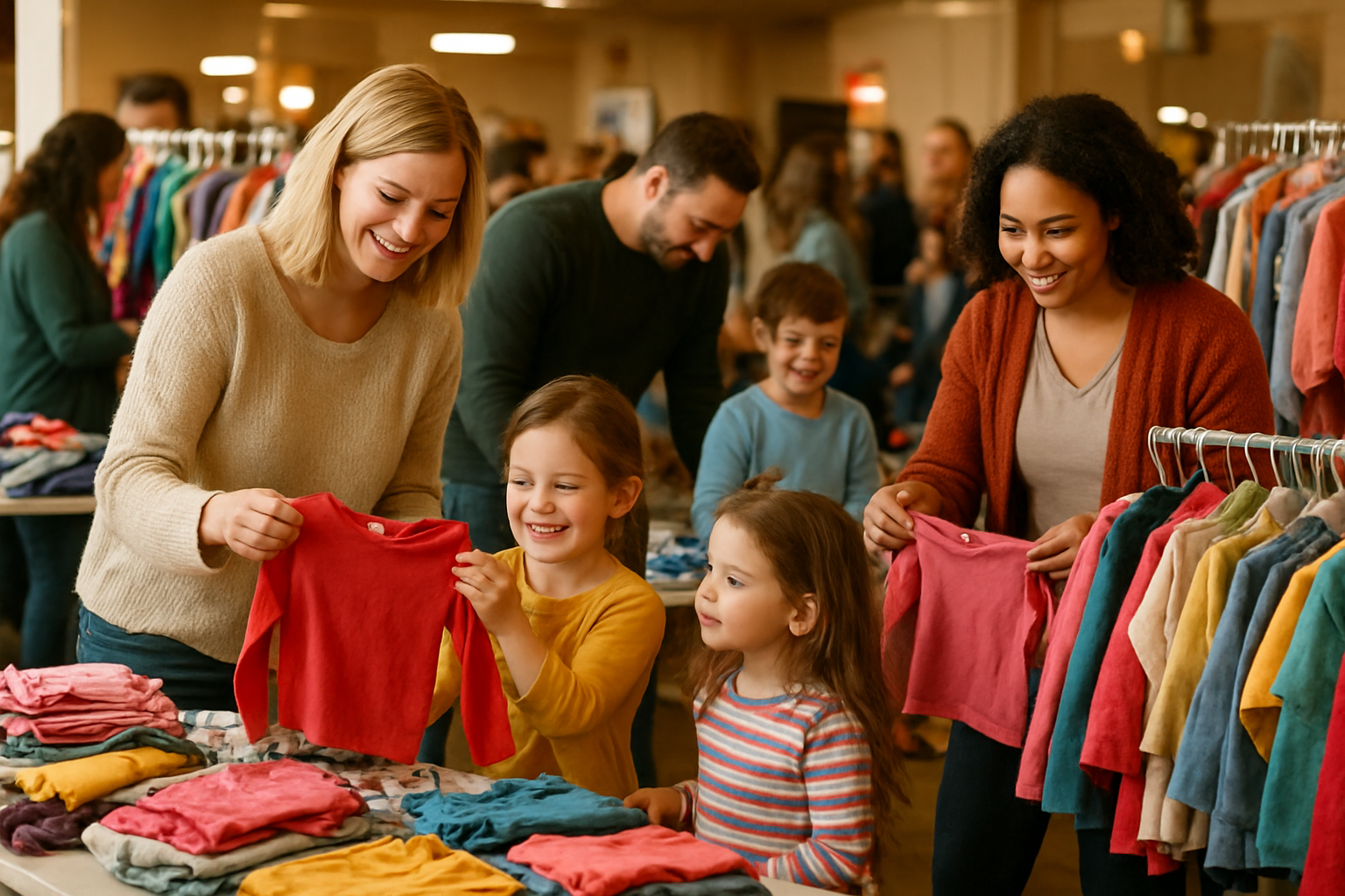 Parents and children browsing colorful clothing racks at a community kids clothing swap event